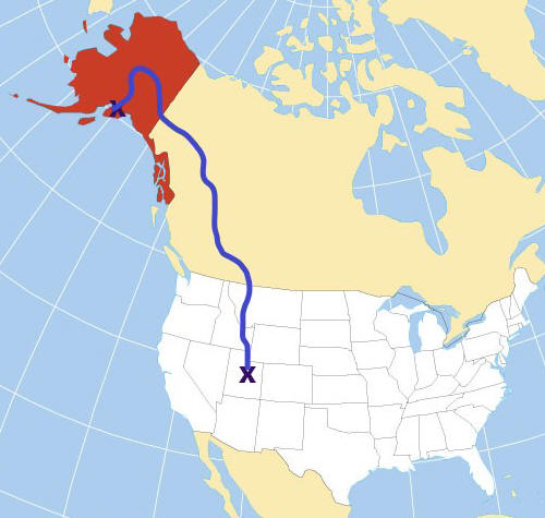 US map with route to Alaska and utah